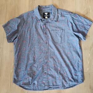 Superman Logo Print Button-Down Casual Denim Shirt DC Comics Short Sleeve Sz XL